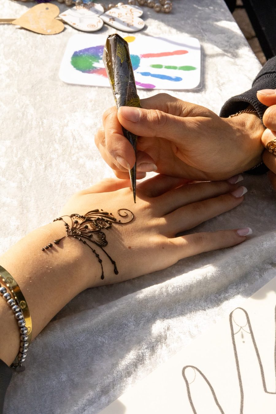 Henna wird auf eine Hand gemalt